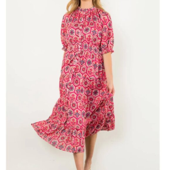 Women's THML Pink Blue Green Patterned Tiered Midi Dress - Medium - Picture 4 of 5